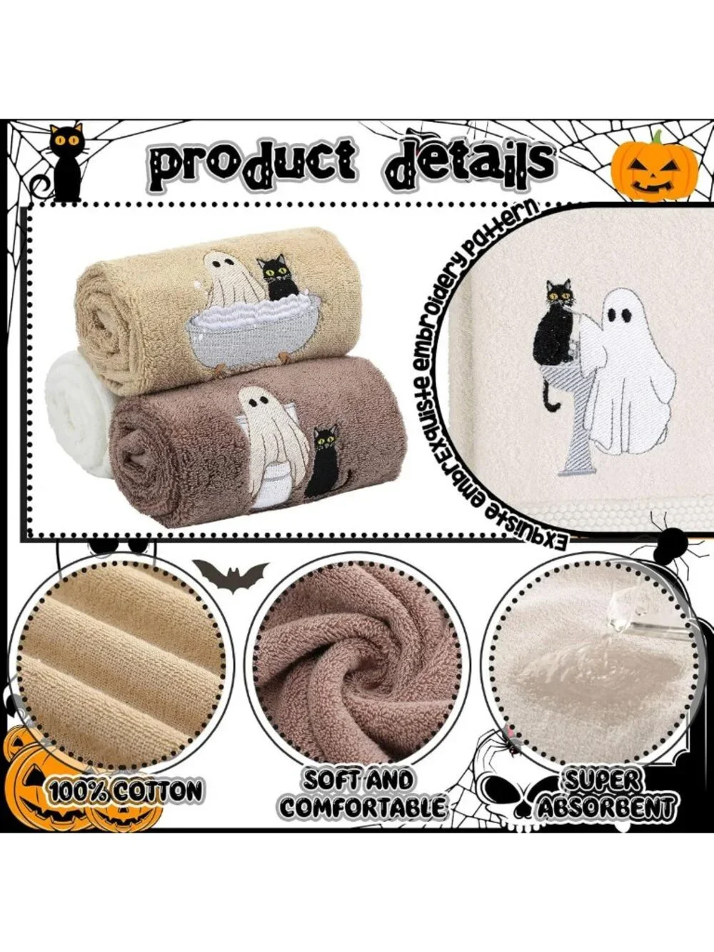 Set of 3 Brown Halloween Ghost Cat Hand Towels for Festive Bathroom Decor